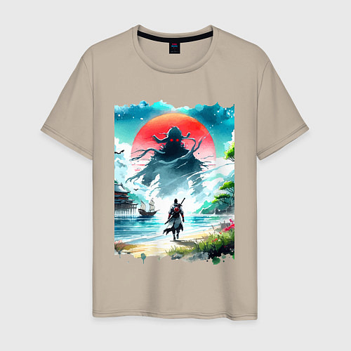 Мужская футболка Призрак Цусимы - самурай на берегу озера / Миндальный – фото 1