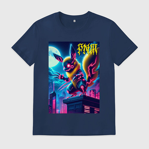 Мужская футболка Ужасный Пикачу на крыше небоскрёба - хэллоуин / Тёмно-синий – фото 1