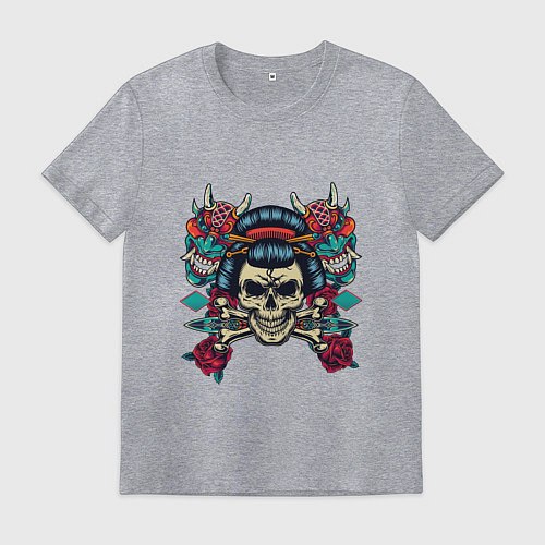 Мужская футболка Японский череп гейши с демонами / Меланж – фото 1