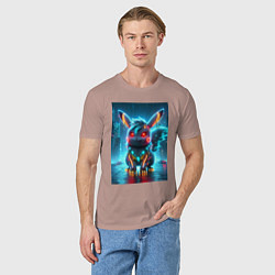 Футболка хлопковая мужская Cyber Pikachu in the neon metropolis - ai art, цвет: пыльно-розовый — фото 2