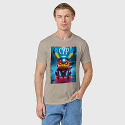 Футболка хлопковая мужская Прикольный кибер Пикачу в шлеме - нейроарт, цвет: миндальный — фото 2