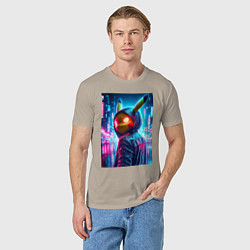 Футболка хлопковая мужская Крутой Пикачу в модном прикиде - нейроарт, цвет: миндальный — фото 2