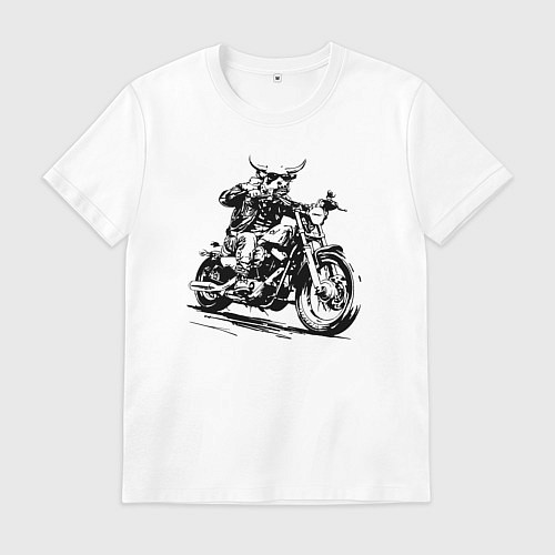 Мужская футболка Бык байкер на мотоцикле чоппере или корова / Белый – фото 1
