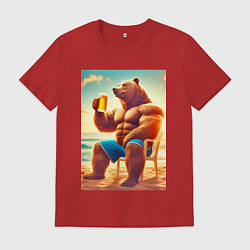 Футболка хлопковая мужская Bear bodybuilder with a cup of beer on a beach - a, цвет: красный