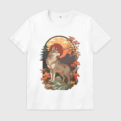 Мужская футболка Волк в лесу в японском стиле / Белый – фото 1