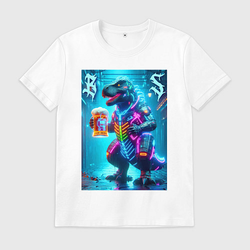 Мужская футболка Неоновый кибер пивозавр - нейроарт / Белый – фото 1