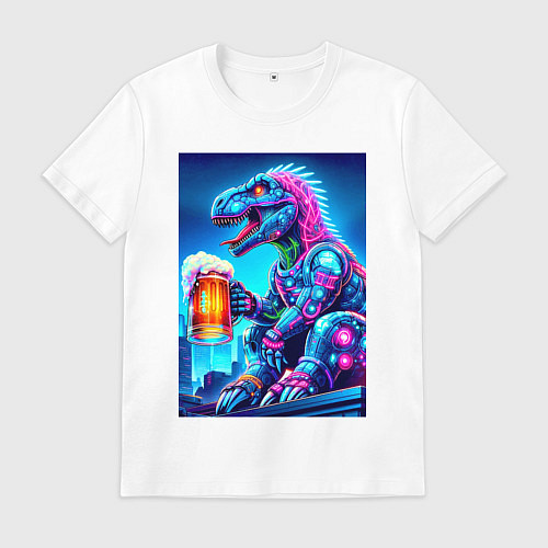 Мужская футболка Cyber tyrannosaur with a mug of beer - ai art fant / Белый – фото 1