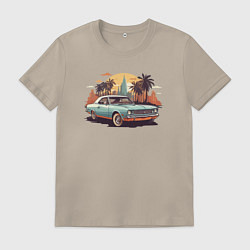 Футболка хлопковая мужская Ретро автомобиль на фоне города, цвет: миндальный