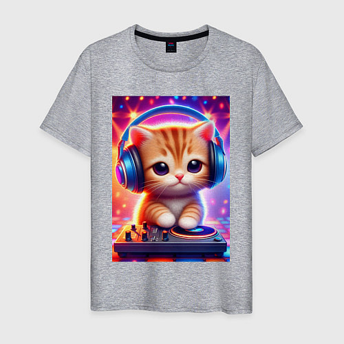 Мужская футболка Cutie kitten DJ - neon glow / Меланж – фото 1