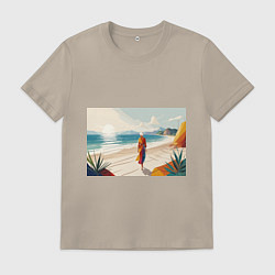 Мужская футболка Летний пейзаж с женщиной на пляже