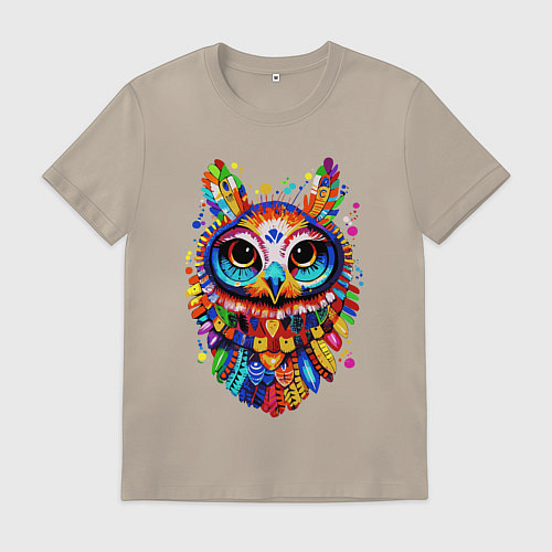 Мужская футболка Сюрреалистичная сова радужные перья / Миндальный – фото 1