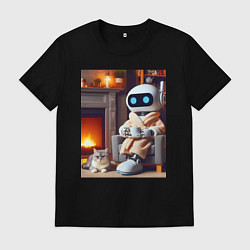 Мужская футболка Робот у камина с котом и чашкой кофе - нейроарт