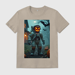 Футболка хлопковая мужская Тыква Джек космонавт, цвет: миндальный