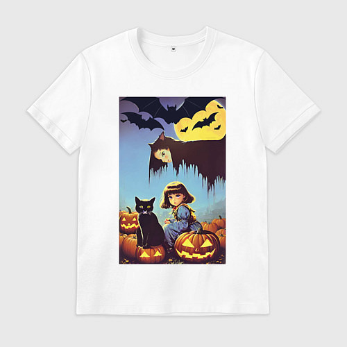 Мужская футболка Ведьма зависла над девочкой и котом / Белый – фото 1