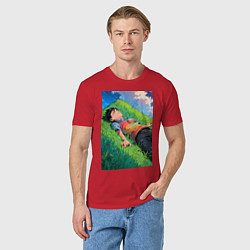 Футболка хлопковая мужская Аниме мальчик на траве, цвет: красный — фото 2