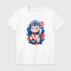 Мужская футболка Манеки Неко, белая кошка удачи с цветами