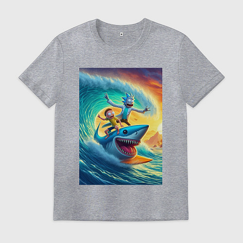 Мужская футболка Рик и Морти - сёрфинг на акуле / Меланж – фото 1
