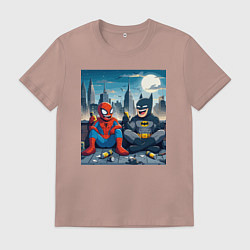 Мужская футболка Человек паук и Бэтмен пьют пиво на крыше небоскрёб