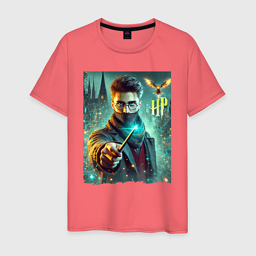 Мужская футболка Harry Potter with a magic wand - ai art fantasy / Коралловый – фото 1