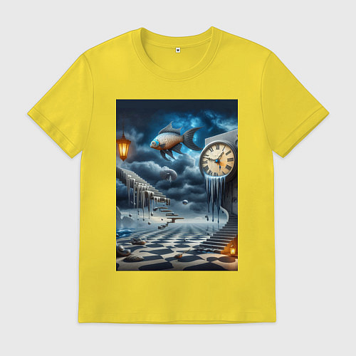 Мужская футболка Психоделический пейзаж с часами и рыбой / Желтый – фото 1