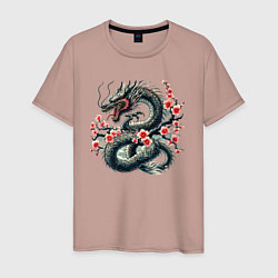 Футболка хлопковая мужская Japanese dragon and sakura - irezumi, цвет: пыльно-розовый