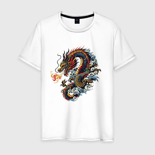 Мужская футболка Japanese dragon - engraving / Белый – фото 1