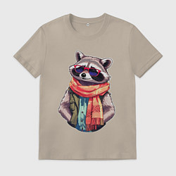 Мужская футболка Модный енот в очках и шарфе
