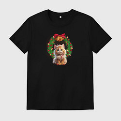 Мужская футболка Новогодний котик с рождественским венком