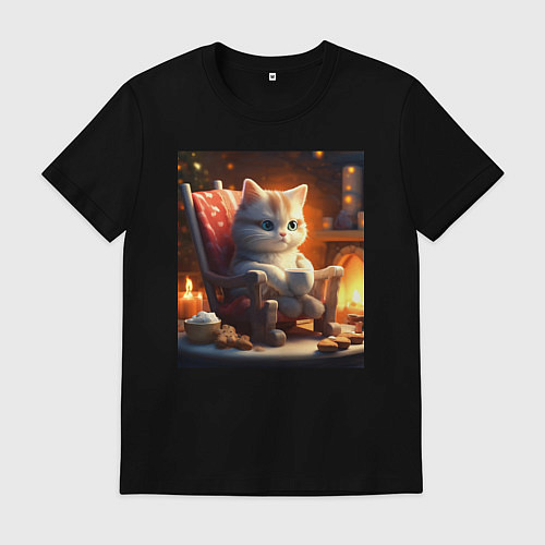 Мужская футболка Уютный кот у камина с чашкой какао / Черный – фото 1
