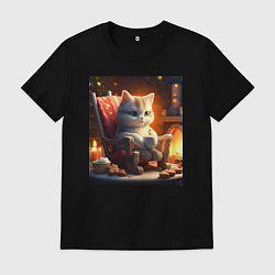 Мужская футболка Уютный кот у камина с чашкой какао