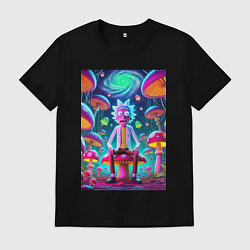 Футболка хлопковая мужская Рик среди неоновых грибов - нейроарт фантазия, цвет: черный