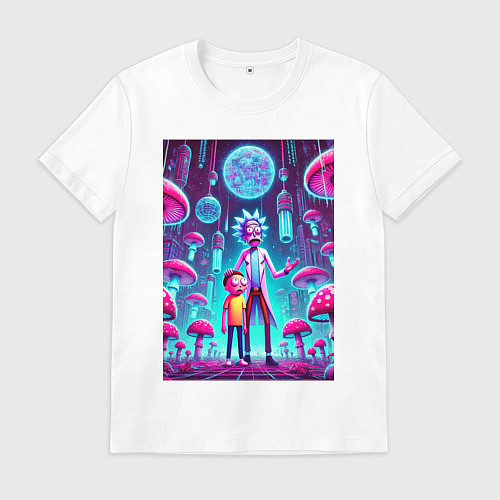 Мужская футболка Rick and Morty among neon mushrooms - ai art fanta / Белый – фото 1