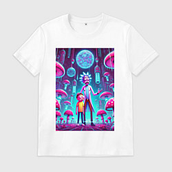 Мужская футболка Rick and Morty among neon mushrooms - ai art fanta