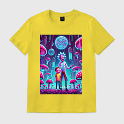 Футболка хлопковая мужская Rick and Morty among neon mushrooms - ai art fanta, цвет: желтый
