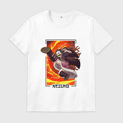 Футболка хлопковая мужская Клинок рассекающий демонов - удар Незуко Камадо, цвет: белый