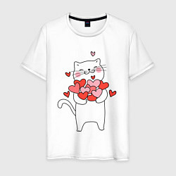Футболка хлопковая мужская Белый кот с охапкой сердец, цвет: белый
