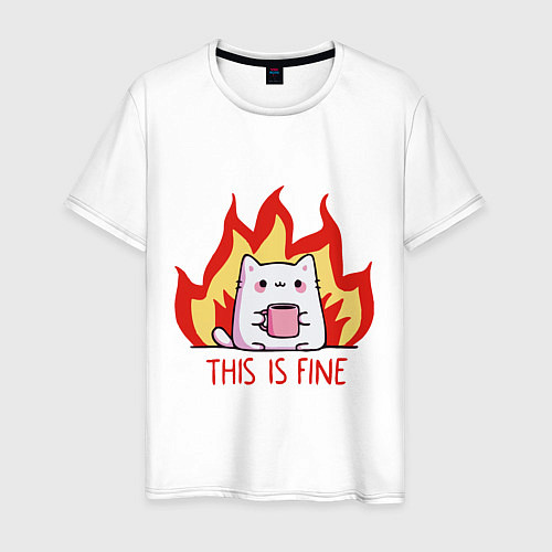 Мужская футболка Cat - this is fine / Белый – фото 1