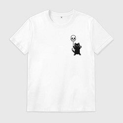 Футболка хлопковая мужская Черный кот с шариком, цвет: белый