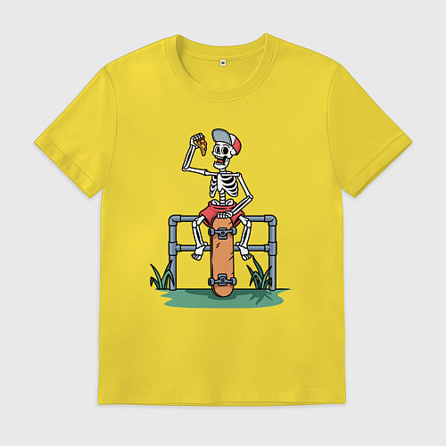 Мужская футболка Скелетик скейтер с пиццей / Желтый – фото 1