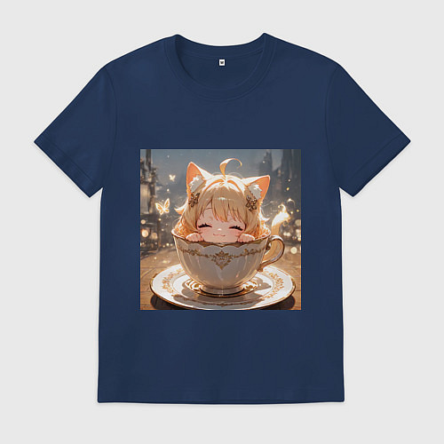Мужская футболка Кошечка с короной в чашке / Тёмно-синий – фото 1