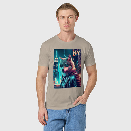 Мужская футболка Крутой волчара в ночном Нью-Йорке - нейроарт / Миндальный – фото 3
