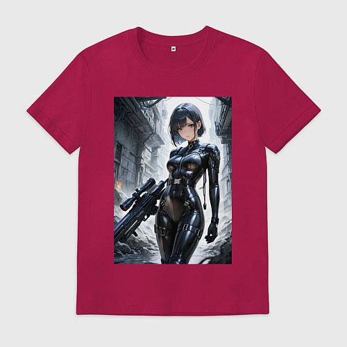 Мужская футболка Девушка в кожаном костюме со снайперской винтовкой / Маджента – фото 1