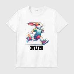 Футболка хлопковая мужская Заяц на тренировке, цвет: белый