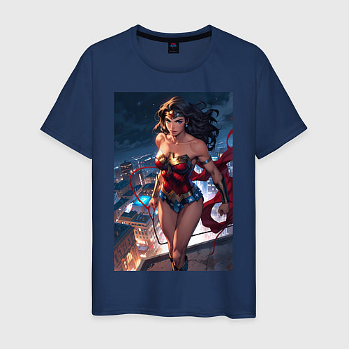 Мужская футболка Чудо-женщина на крыше с городским фоном в стиле ко / Тёмно-синий – фото 1