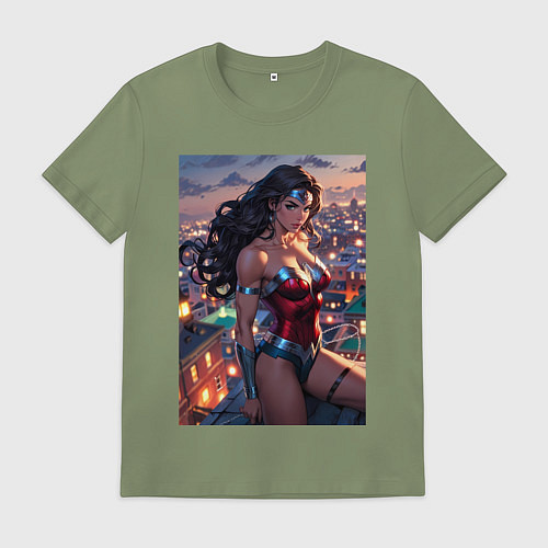Мужская футболка Чудо-женщина на крыше с городским фоном в стиле ко / Авокадо – фото 1