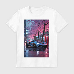 Футболка хлопковая мужская Суперкар и сакура, цвет: белый