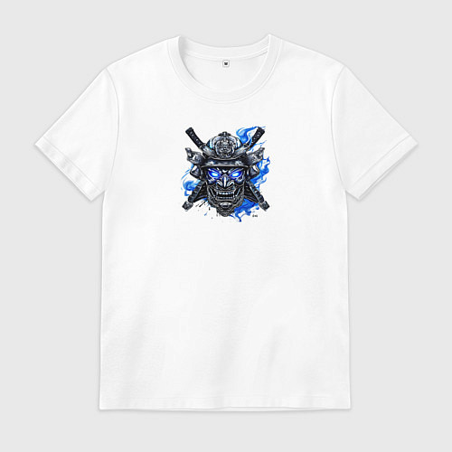 Мужская футболка Маска самурая с синим пламенем / Белый – фото 1