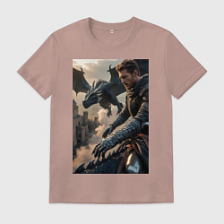 Футболка хлопковая мужская Рыцарь летит на драконе, цвет: пыльно-розовый