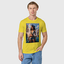 Футболка хлопковая мужская Пиратка на фона флотилии кораблей, цвет: желтый — фото 2