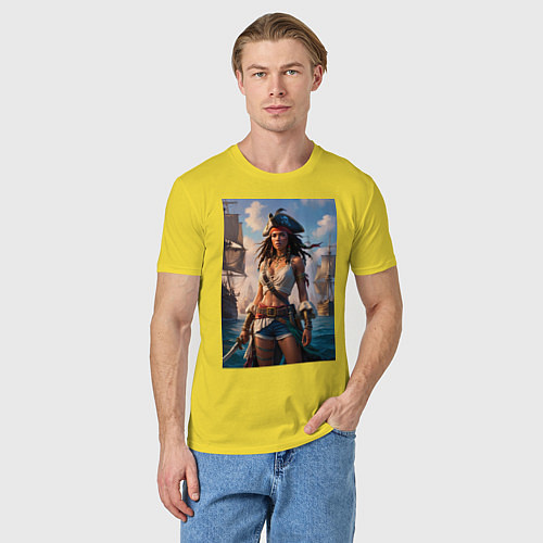 Мужская футболка Пиратка на фона флотилии кораблей / Желтый – фото 3